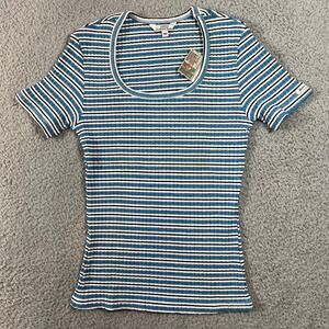 Guess Jeans T-Shirt Juniors M Blue White Striped Ribbed Scoop Neck USA VTG NWT